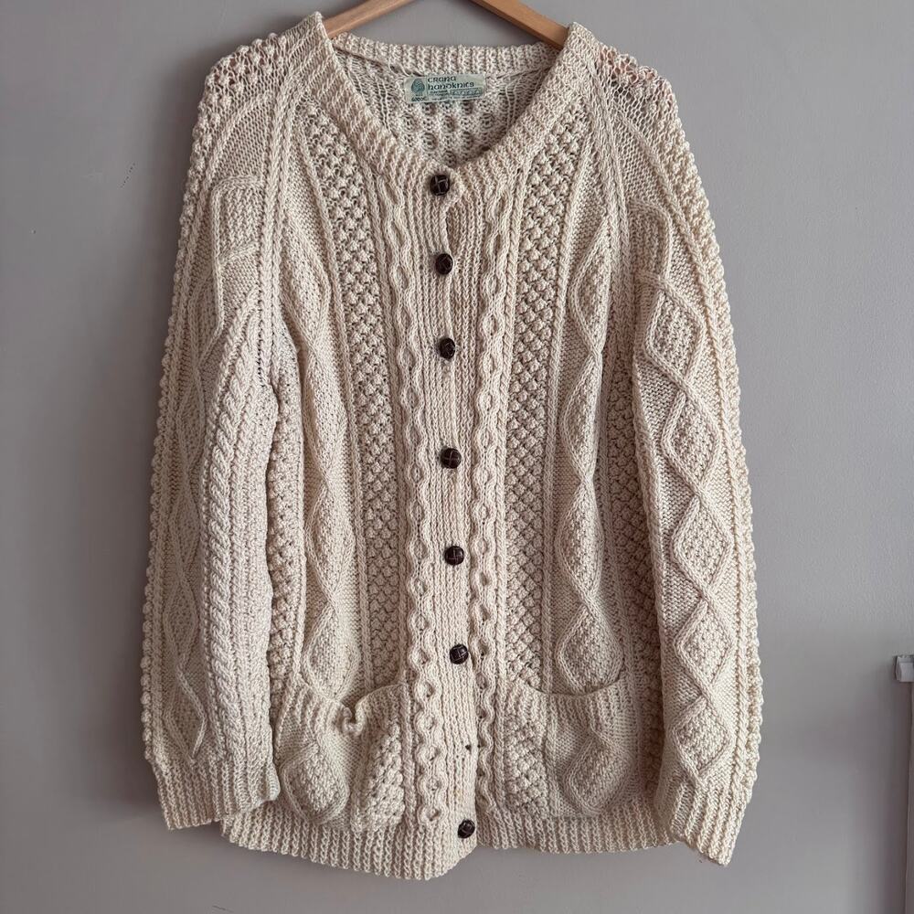 Crana Handknits Made in Ireland Wool Irish Knit Cream Cable Knit Cardigan